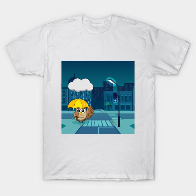 Cute Owl with Umbrella on Rainy Day T-Shirt by BirdAtWork